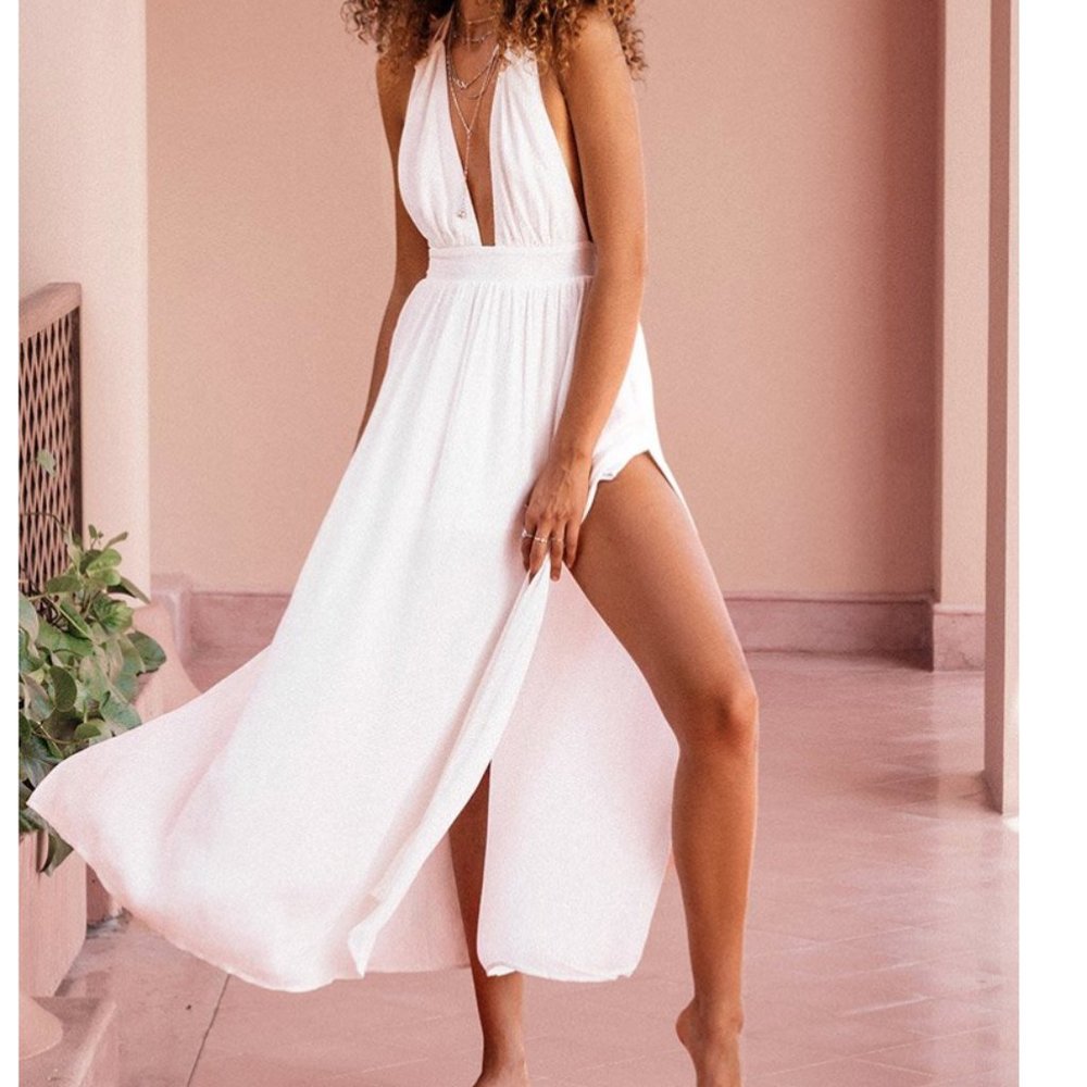 Brandy White Plunge Tassel Backless Halter Wedding Beach Dress Size Large